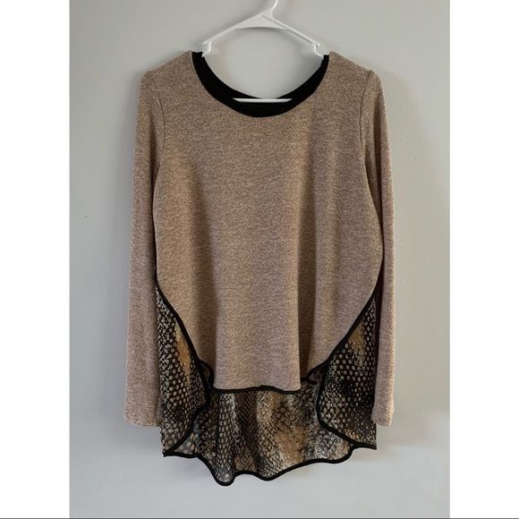 Citron Tops - Poeme By Citron Size L Brown Black Top Knit Sheer Pleated Round Neck Long Sleeve